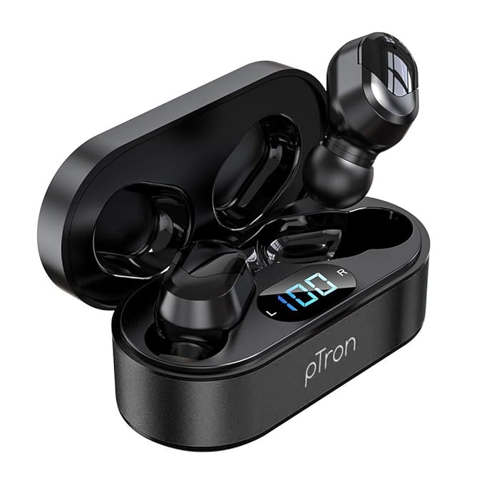 PTron Bassbuds Plus in Ear True Wireless Stereo Earbuds with Mic, Deep Bass Bluetooth Headphones, Voice Assistance, IPX4 Sweat & Water Resistant TWS, 12Hrs Battery & Fast Charge (Black)