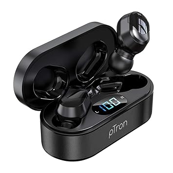 pTron Bassbuds Plus True Wireless Bluetooth 5.0 Headphones with Deep Bass, Made in India, IPX4 Water/Sweat Resistant, Passive Noise Canceling Earbuds, Digital Display Case & Built-in HD Mic - (Black)
