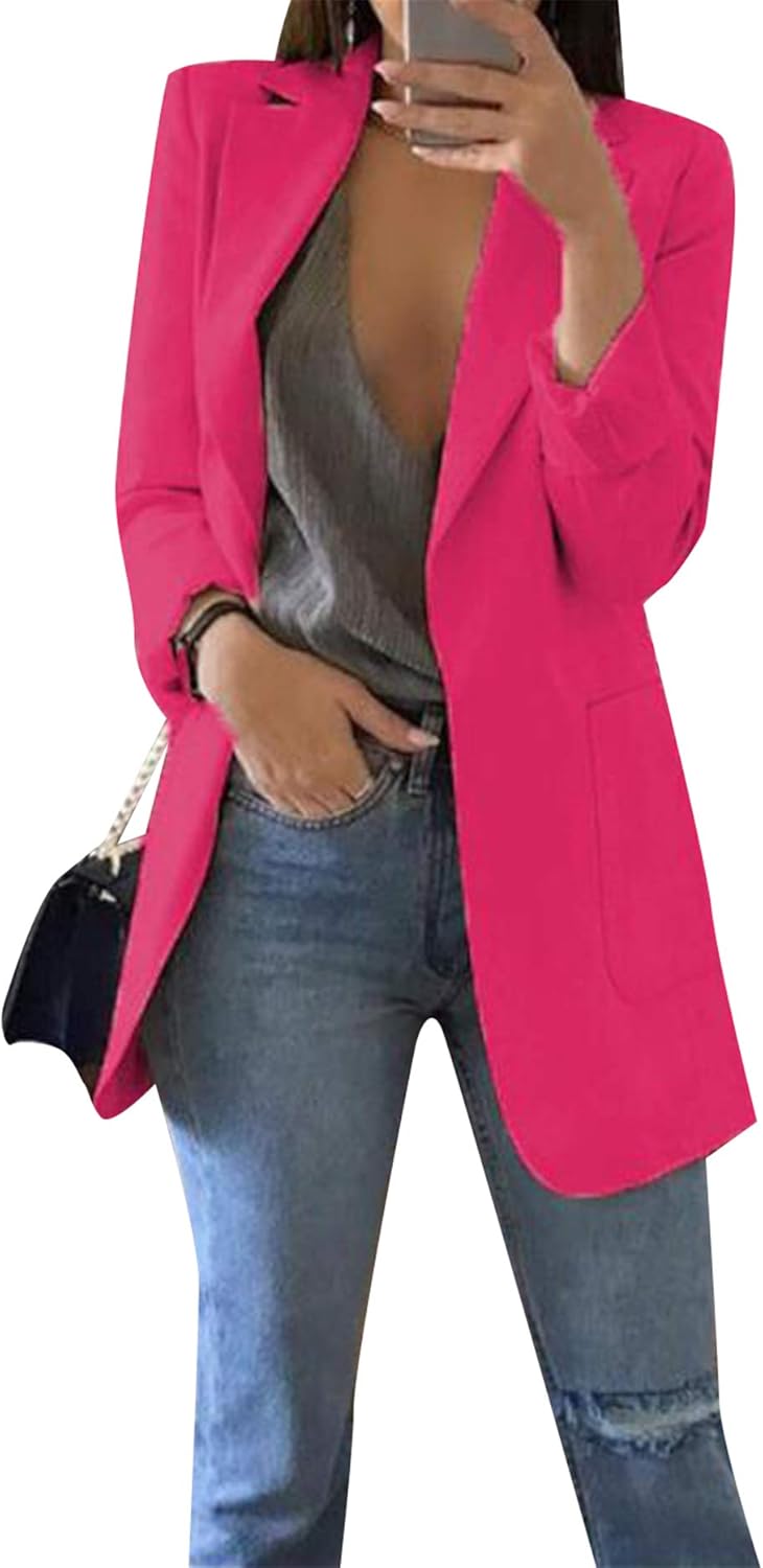 OMZIN Women's Lapel Pockets Long Sleeve Blazer Open Front Coat Jacket