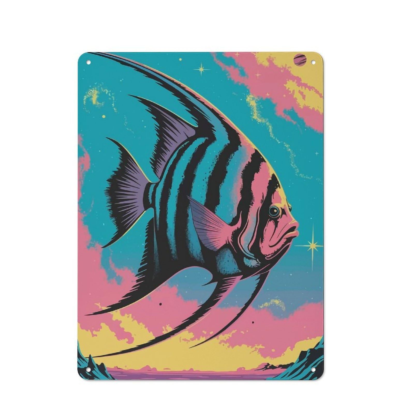 Junmoney Angelfish In Space Barn Style Metal Wall Decor 40X30cm, Country Metal Sign For Kitchen, Cottage, Porch Or Garden Room