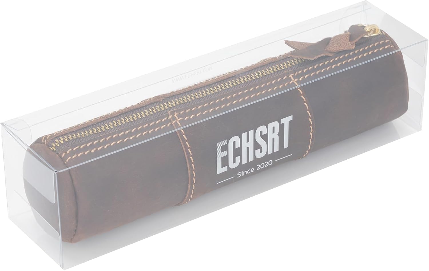 ECHSRT Genuine Leather Pencil Case, Full-Grain Cowhide Leather Pouch, Small Pencil Pouch for Men, Vintage Pen Bag for Adults, Stationery Organizer Case for Work & Travel-Cylinder-Coffee