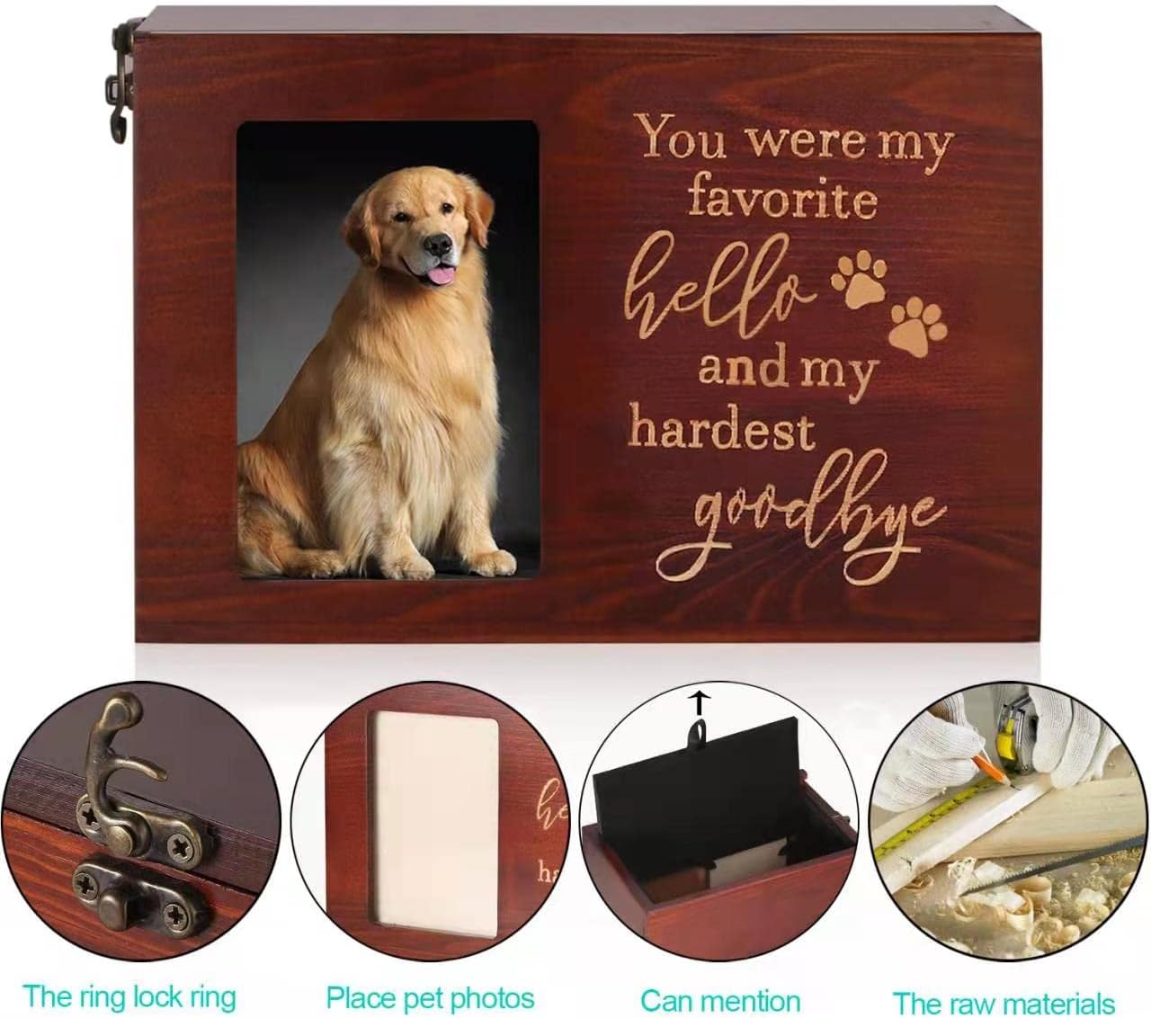 Pet Memorial Urns for Dog or Cat Ashes, Large Wooden Funeral Cremation Urns with Photo Frame, Keepsake Memory Box with Black Flannel Lining - Image 3