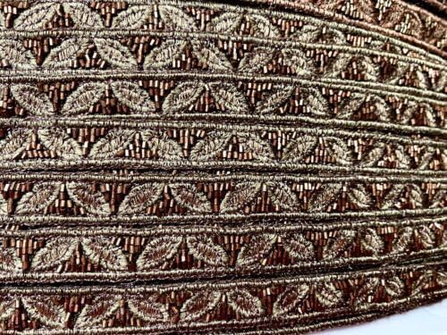 Brown Copper Embroidered Trim Hand Sewn Leaves Glass Beads 5/8" Brown Copper 1yd Fabric
