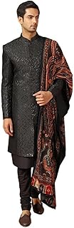 kisah Men's Kurta Indo-Western Sherwani Churidar Dupatta Set, Black Jacquard, Woven Regular Fit Mandarin Collar Long Sleeves-picture-52