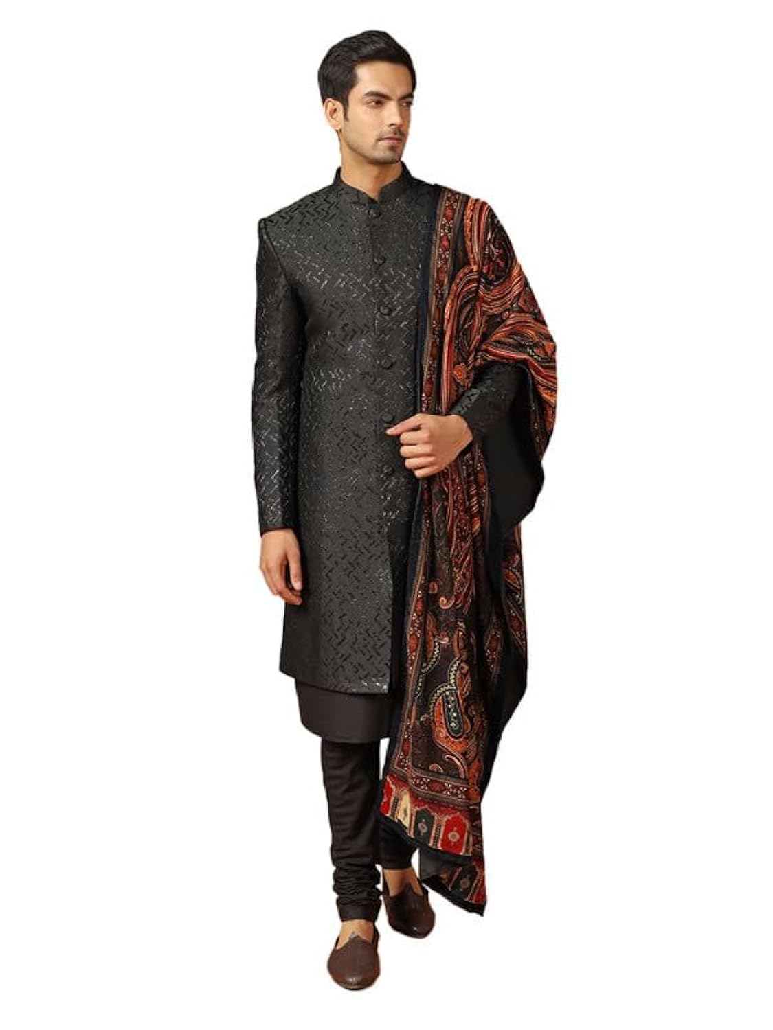 Kisah Men's Kurta Indo-Western Sherwani Churidar Dupatta Set, Black Jacquard, Woven Regular Fit Mandarin Collar Long Sleeves (44)