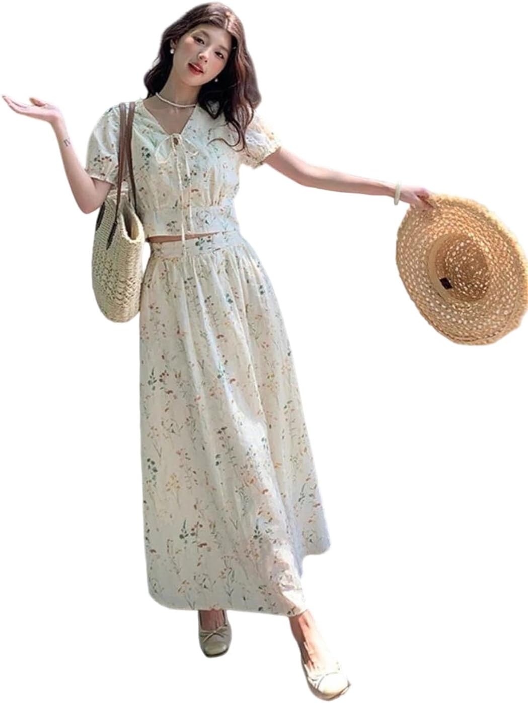 Women's Embroidered Two Piece Set Short Sleeve Top Long Skirt Elegant Matching Outfit