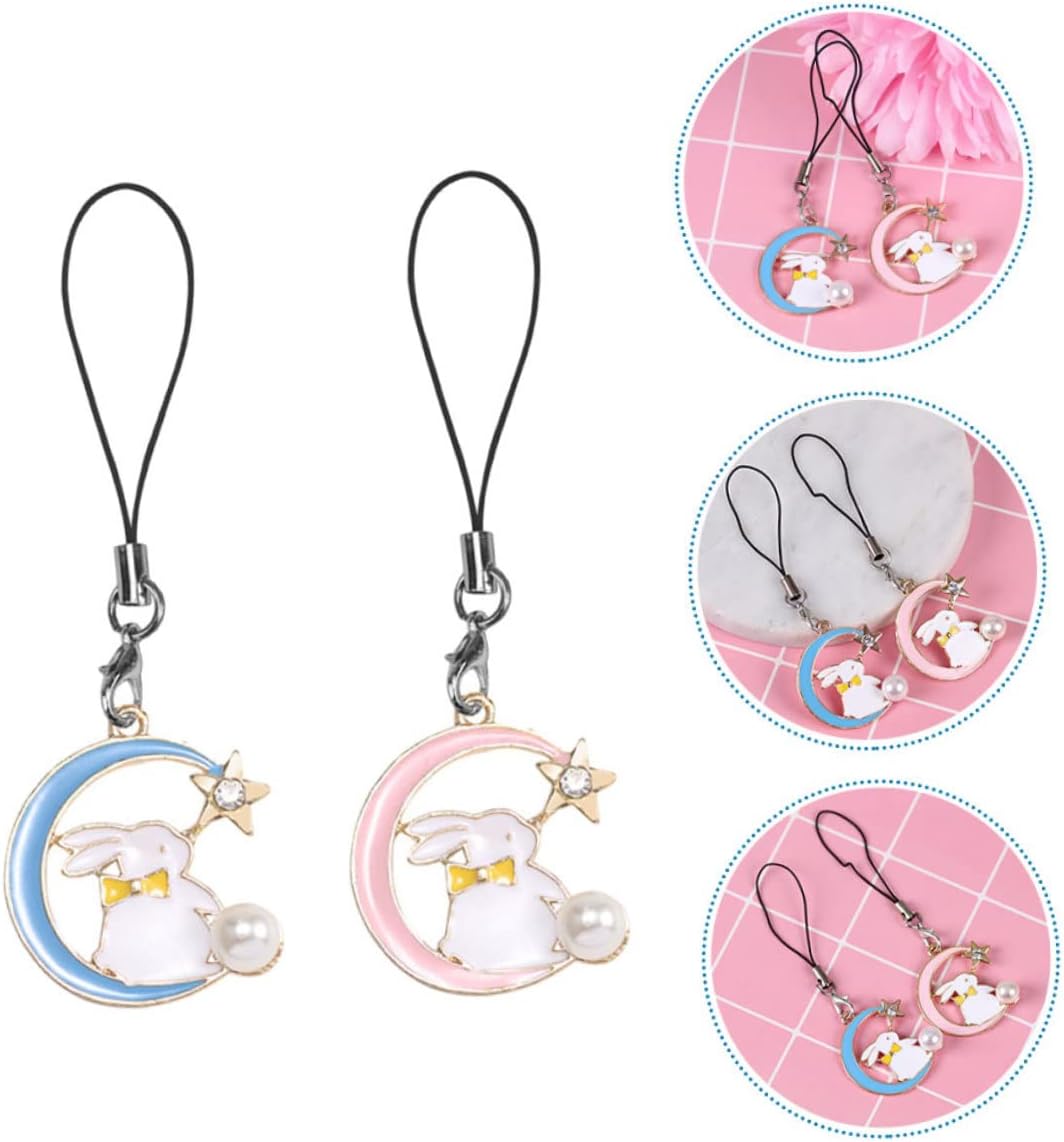 2 Pcs Key Chain Mobile Phone Chain Cute Animal Keychain Bunny Keychain Charm Cute Phone Charms Strap Wristband Keychain Moon Keychain Wrist Strap Lanyard Phone Strap Charm Amulet
