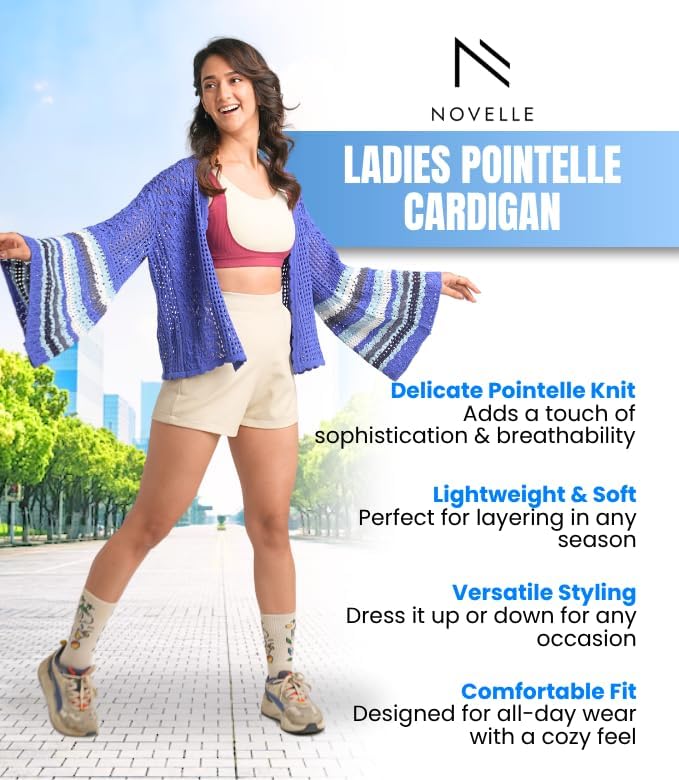 Bell Sleeve Crochet Cardigan for Women Blue | Lightweight Pointelle Knit Open Front Fall Cardigans | Large Size - Image 2