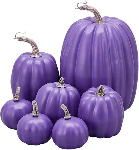 Vista 8 de Lizxun 7 calabazas artificiales de Halloween de espuma de imitación de calabaza naranja, calabazas de espuma de cosecha de otoño para otoño, Acción