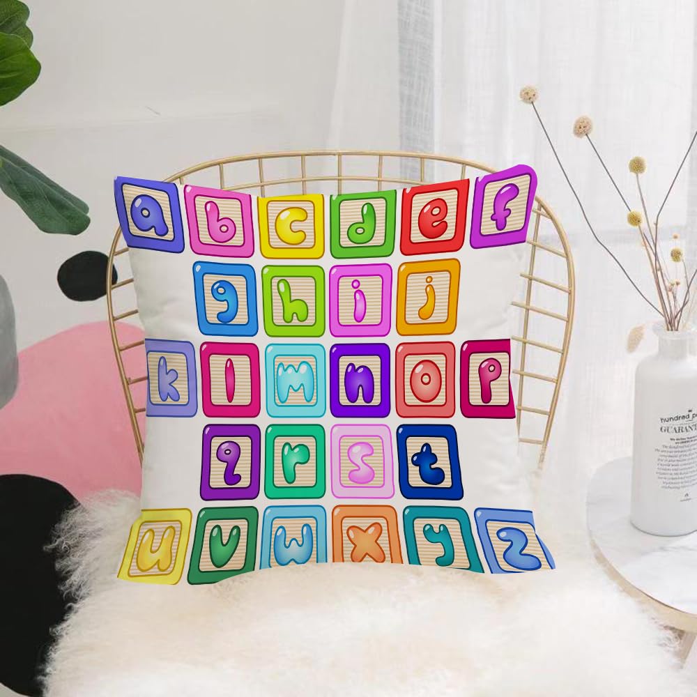 HYOSXW Cushion Cover,Throw Pillow Case Home Decorative for Living Room Bedroom Sofa Chair 16X16 Inch,Educational,Colorful Lower Case Alphabet Blocks Cute Kids Font Abc Cartoon,Pillowcase 40X40cm