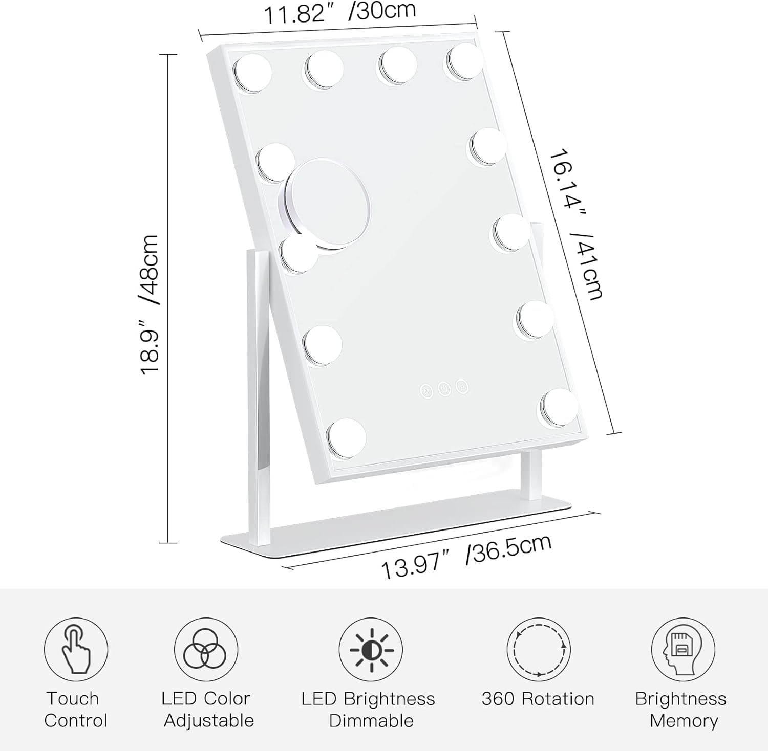 Specchio da Trucco Hollywood con Luci 41L x 30l cm a 12 Led sul Tavolo, 3 Colori di Luce e Funzione di Luminosità Regolabile, Dimensioni con Base 48L x 36l cm