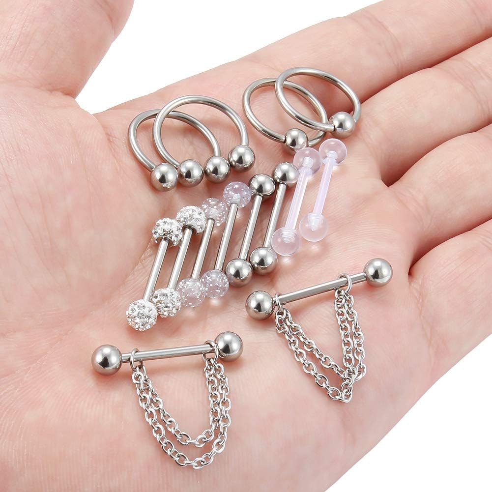 Hoeudjo 14Pcs 14G Surgical Steel Chain Dangle Nipple Rings Barbell Piercing Jewelry Retainer for Women