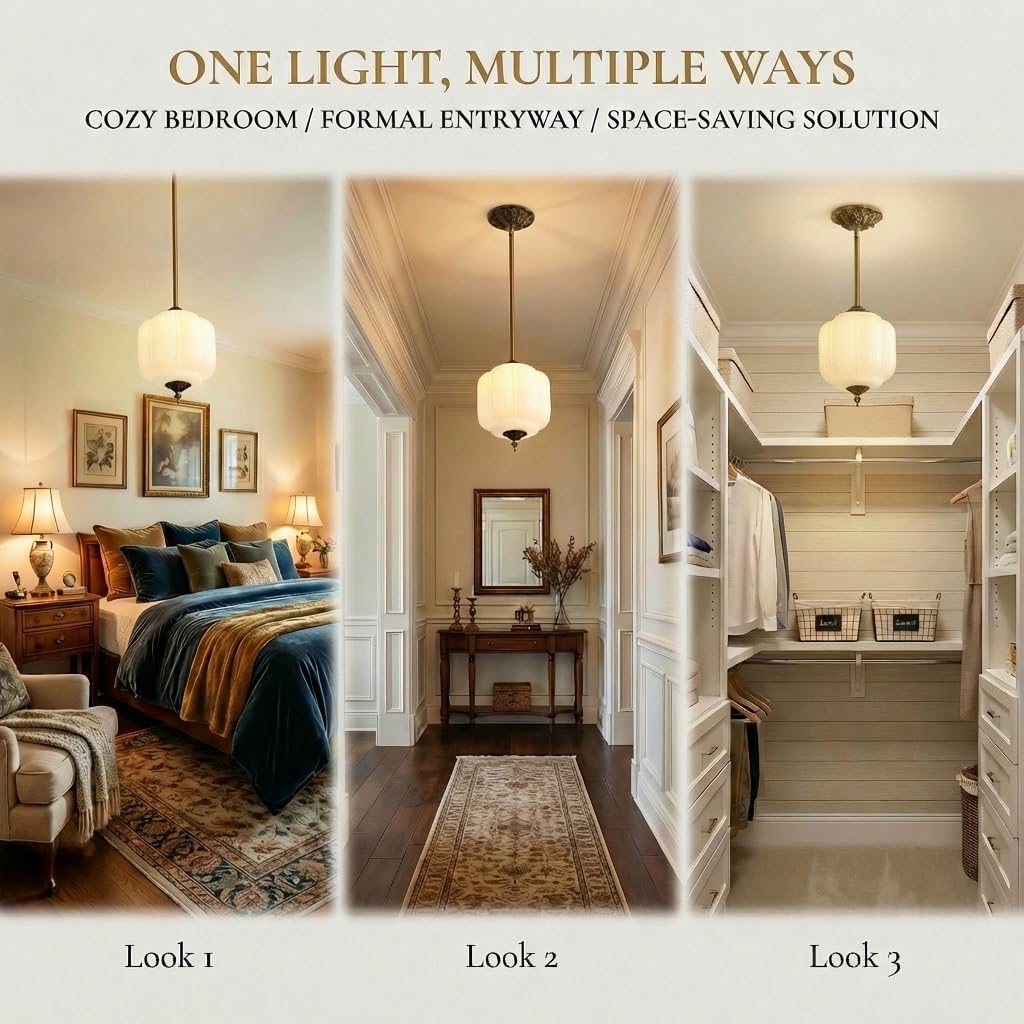 Antique Brass Milk Glass Ceiling Light Fixture-9.1in Vintage Semi Flush Mount Pendant Light with an LED Bulb included, 3 Color Options Mid-Century Art Deco Chandelier for Kicthen Dining Room Hallway