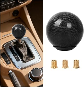 Car Round Ball Shift Knob, Carbon Fiber Vehicle Gear Shifter Level Stick with 3 Adapters, Automotive Gear Shifting Knob Replacement, Universal for Most Manual Transmission Vehicles Black