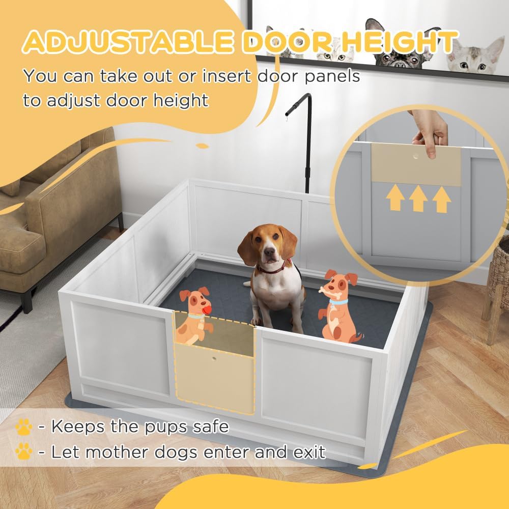 Sturdy Wooden Dog Whelping Box with Adjustable Height Door, Pig Rail Safety Edge, Retractable Light Stand & Pee Pad Holder for Breeding Dogs