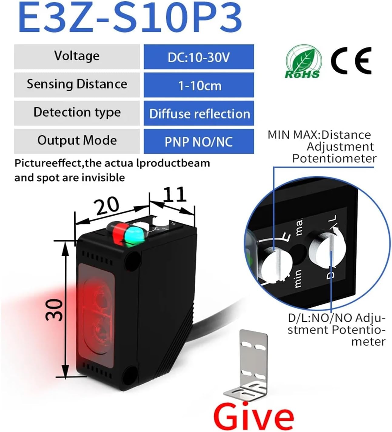 E3Z-D61 Diffuse Reflection photoelectric Sensor NPN PNP 12-24VDC Square Infrared photoelectric Switch Distance 30CM with Bracket(10cm 3-wirepnp No Nc)
