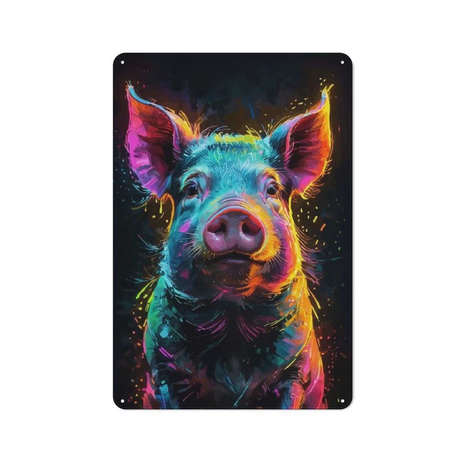 Tin Wall Plaque 30x20cm with Neon Pig Watercolor Portrait for Garage Or Workshop, for Kitchen, Dining Room And Home Bar Wall Decor