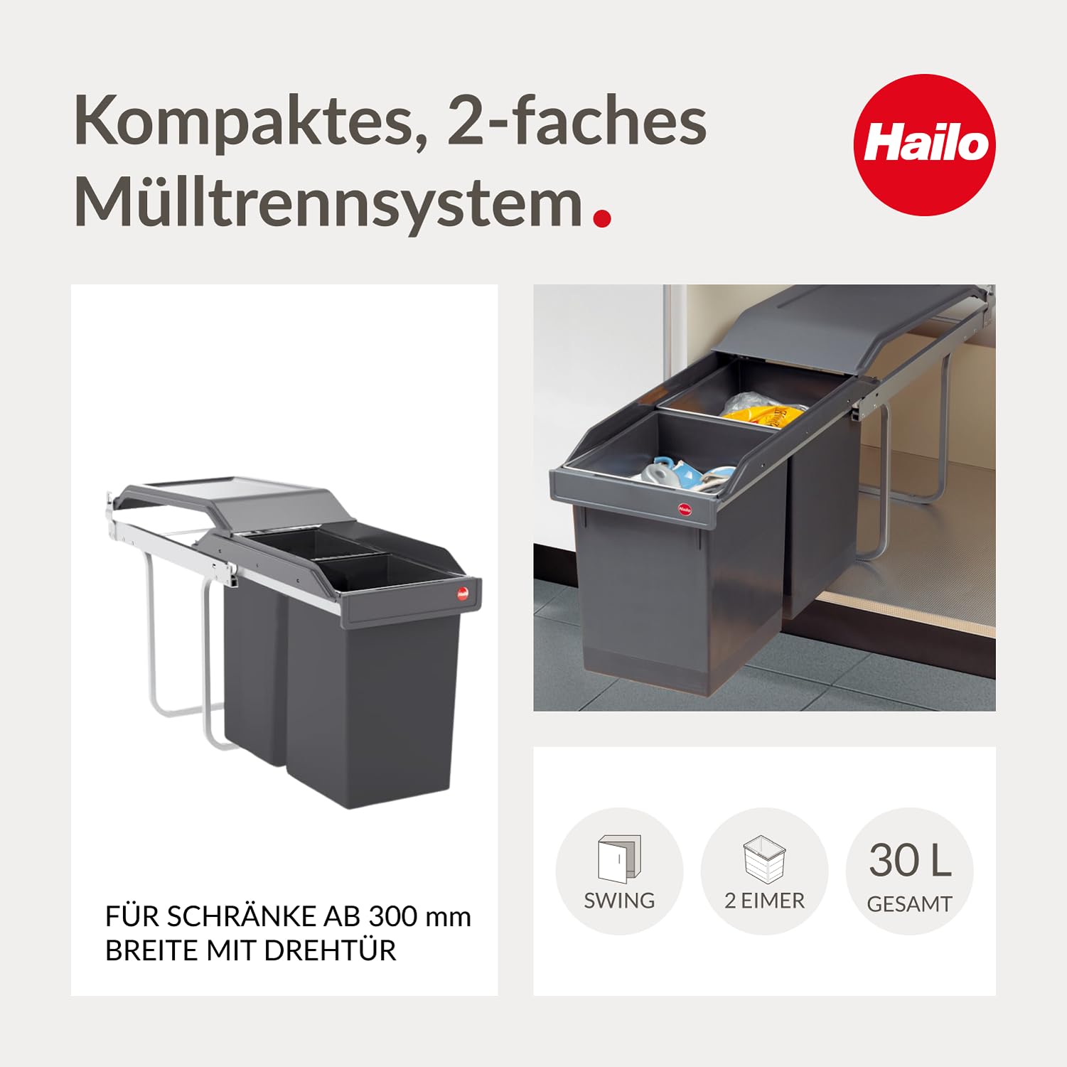 Hailo Abfallsammler Tandem 3650101 | 2fach Einbau-Mülleimer incl. 50 Müllbeutel | für Schränke ab 300 mm Breite | Bequemer Handauszug auf Rollenführung | Silber und Kunststoff Anthrazit