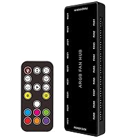 Vista 1 de ARGB PWM Fan Hub, direccionable 5V-3PIN ARGB 12V 4PIN PWM 2 en 1 RGB Hub de ventilador con controlador y entrada de alimentación SATA, 9 puertos