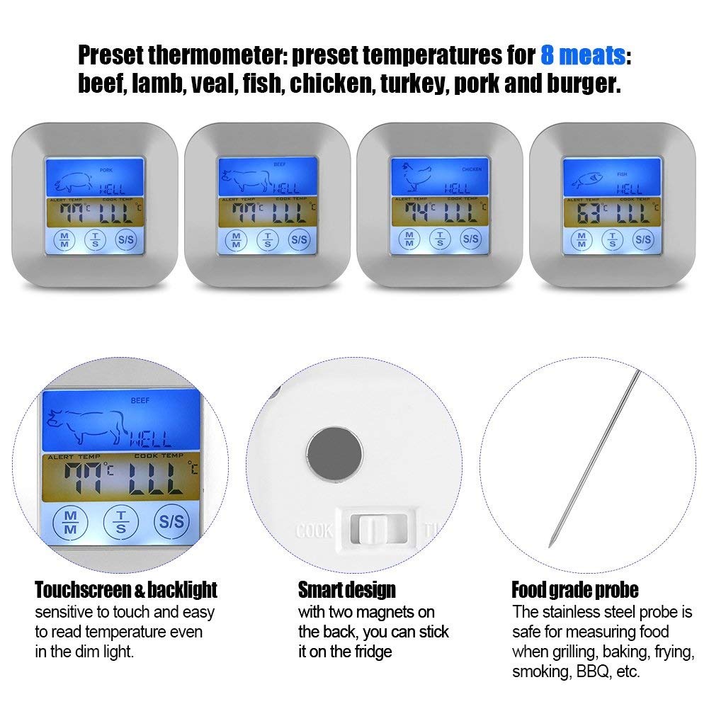 Touchscreen Digital Food Thermometer,Highly Sensitive Oven Instant Read Meat Thermometer with Timer Alert and Long Food Probe for