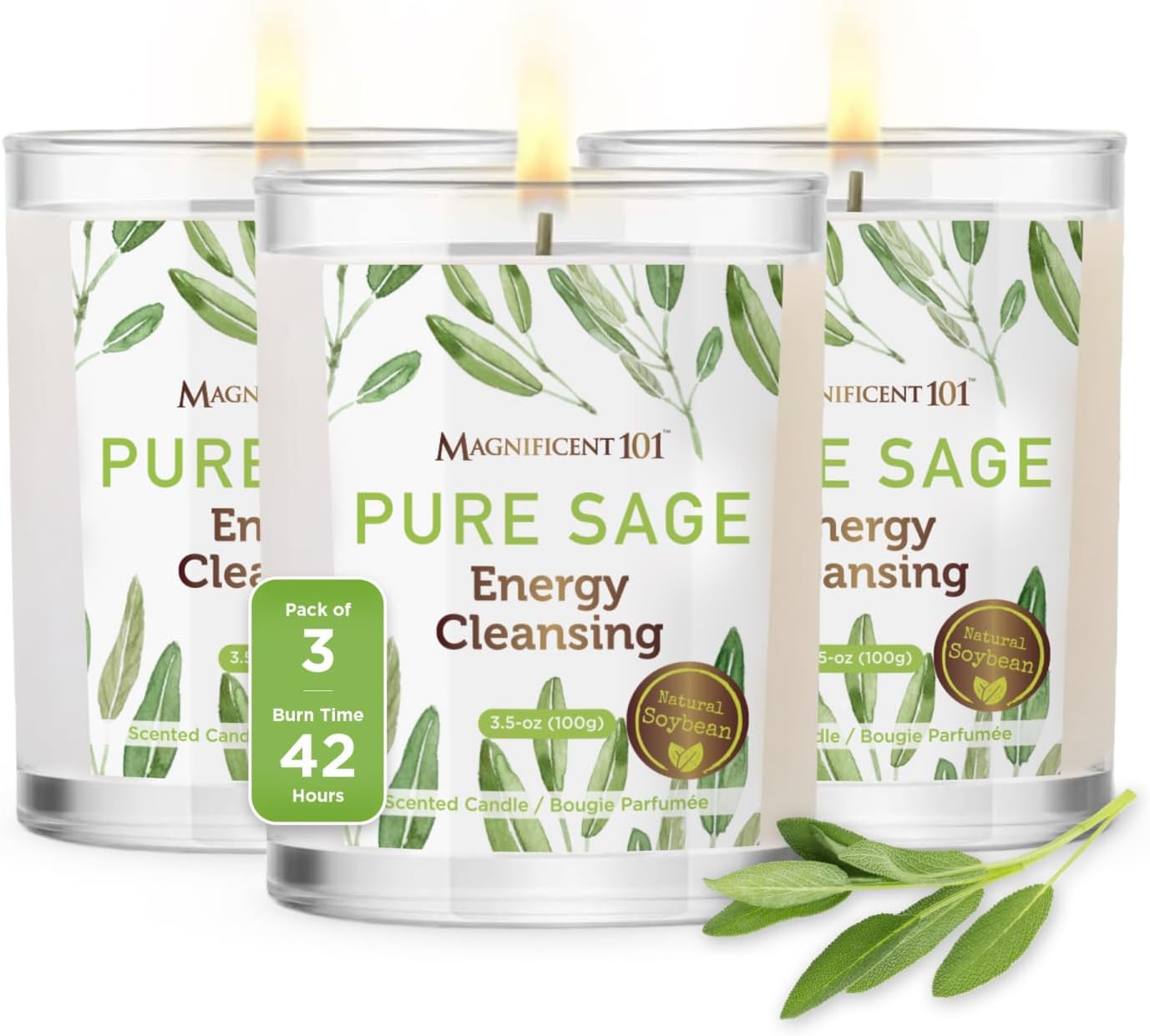 Magnificent 101 Pure Sage Smudge Candles - Set of 3 for House Energy Cleansing, Aromatherapy, Meditation, Manifestation, and Banishing Negative Energy | 3.5 oz each Natural Soy Wax | 42-Hour Burn Time