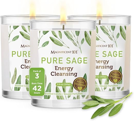 Magnificent 101 Pure Sage Smudge Candles – Set of 3 for House Energy Cleansing, Aromatherapy, Meditation, Manifestation, and Banishing Negative Energy | 3.5 oz each Natural Soy Wax | 42-Hour Burn Time