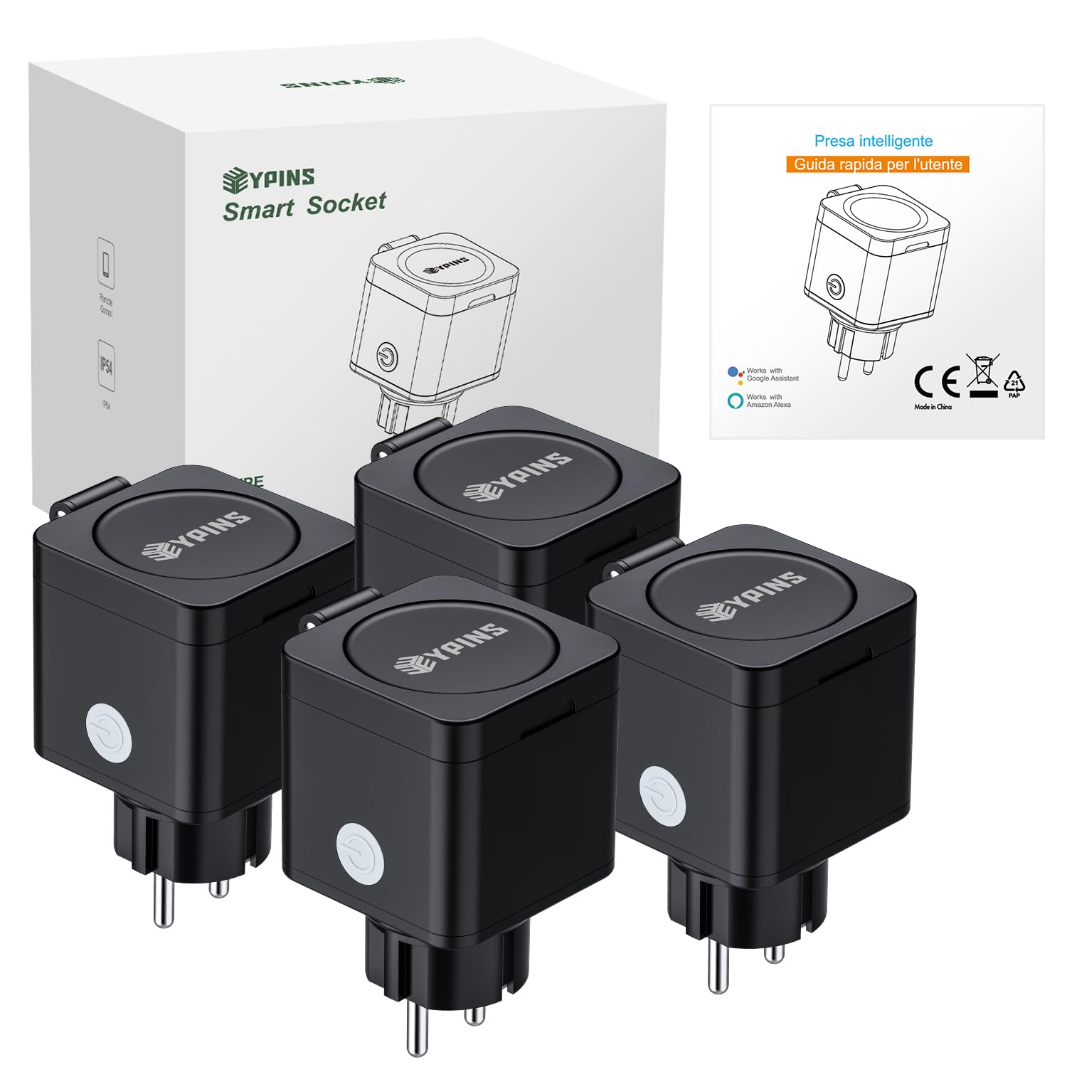 EYPINS WLAN-Steckdose Outdoor IP54, Smart Außensteckdose 3680W/16A 4er-Pack