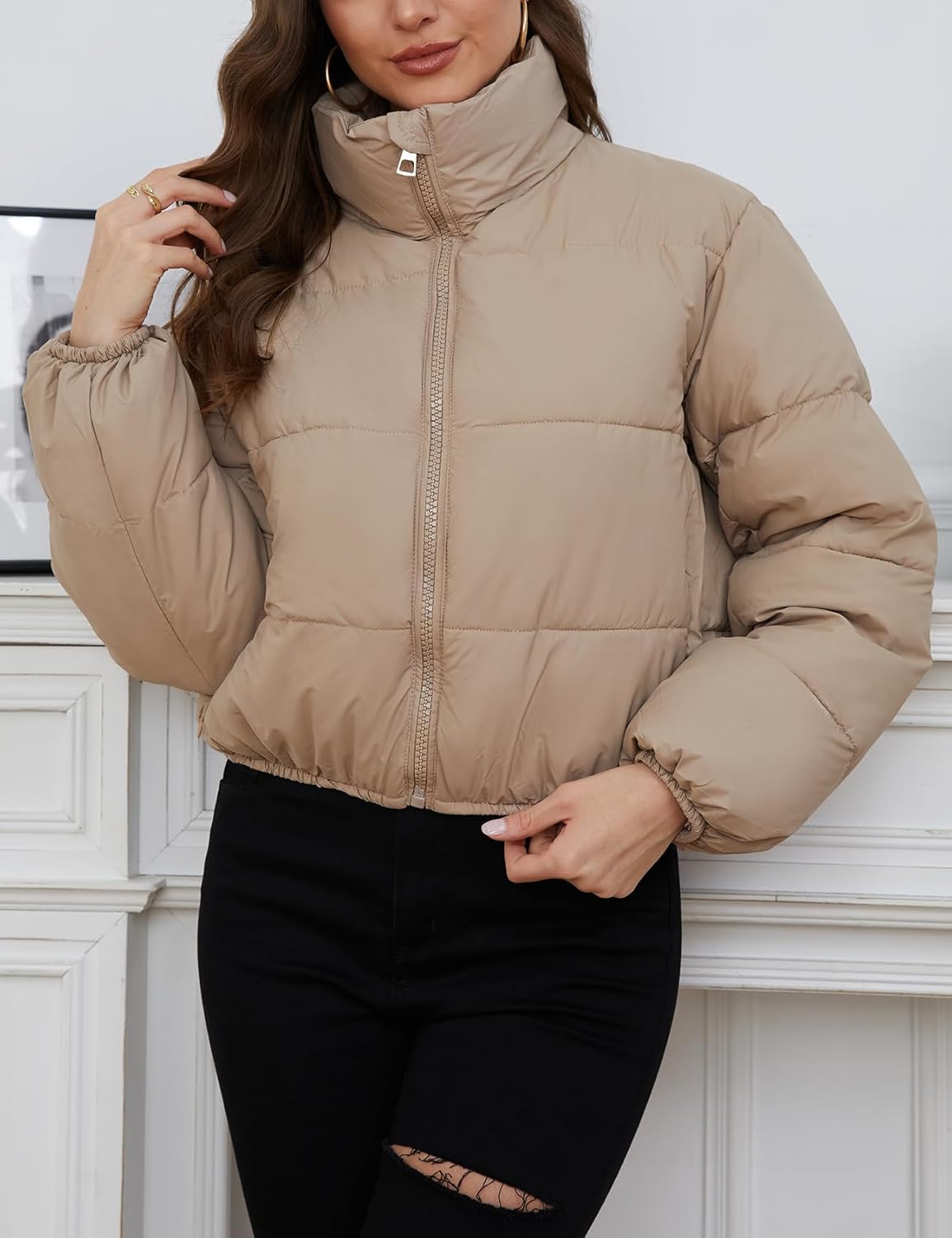 Wyeysyt Women's Cropped Puffer Jacket Winter Quilted Lightweight Short Outerwear Jacket with Pockets - Image 5