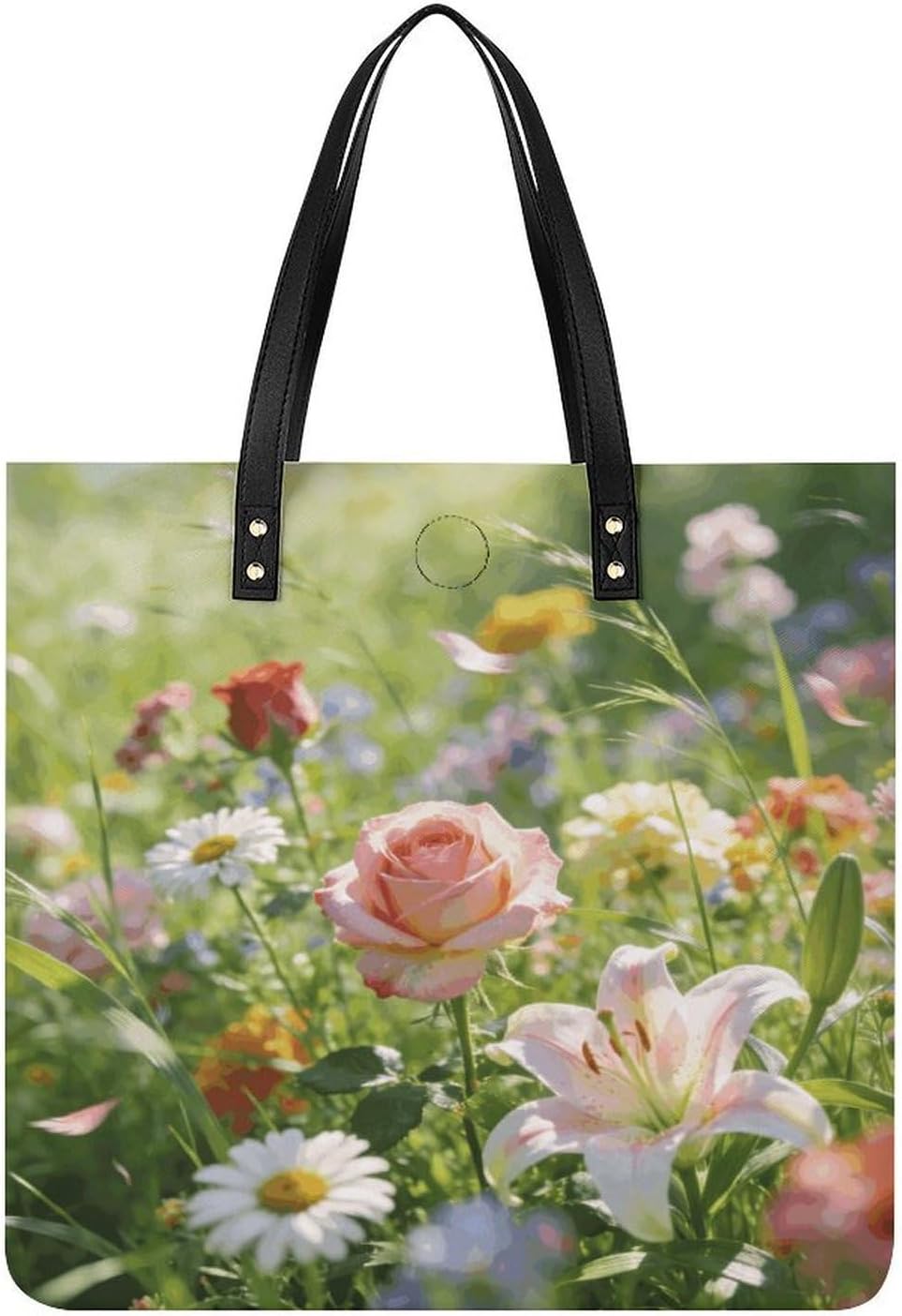 Flowers Grass Tote Bag with Magnetic Buckle Reusable Grocery Bags Lightweight Cross Body Handbag for Daily Essentials