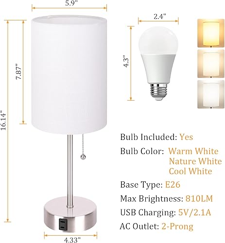Miniatura 5 de Dott Arts Lámpara de mesa para dormitorio, juego de 2, lámpara de noche con salidas de CA, lámpara de mesita de noche de 2700 K, 4000 K, 5000 K,