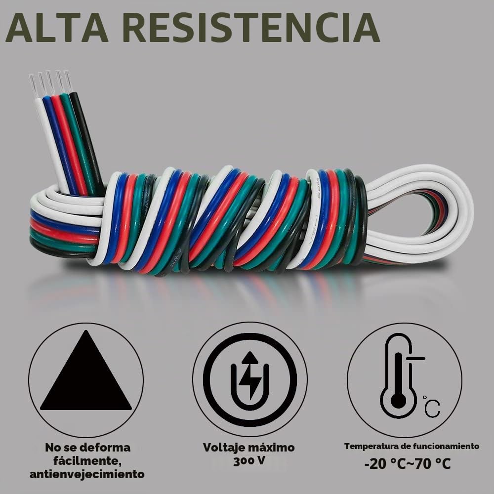 30M 5x0.32mm² Cable de Extensión LED RGBW, Calibre 22 Cable de 5 Núcleos, 12 V CC 22 AWG con 10 Conectores para Tiras LED RGBW 3528 5050