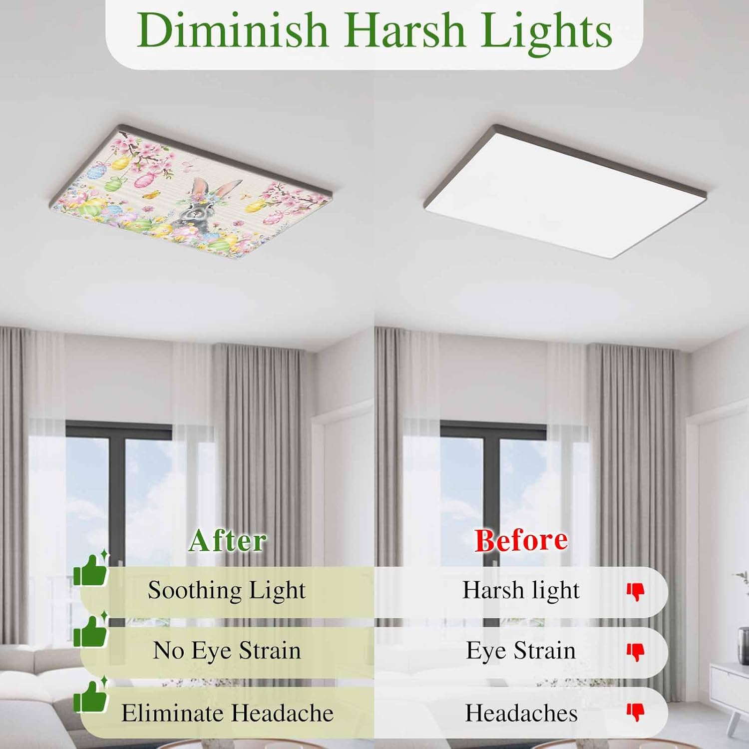 2x4 ft Fluorescent Light Cover for Ceiling Easter Egg Gray Bunny Floral Magnetic Light Filters, Country Vintage Linen Ceiling Lampshades for Home School Office 4Pcs