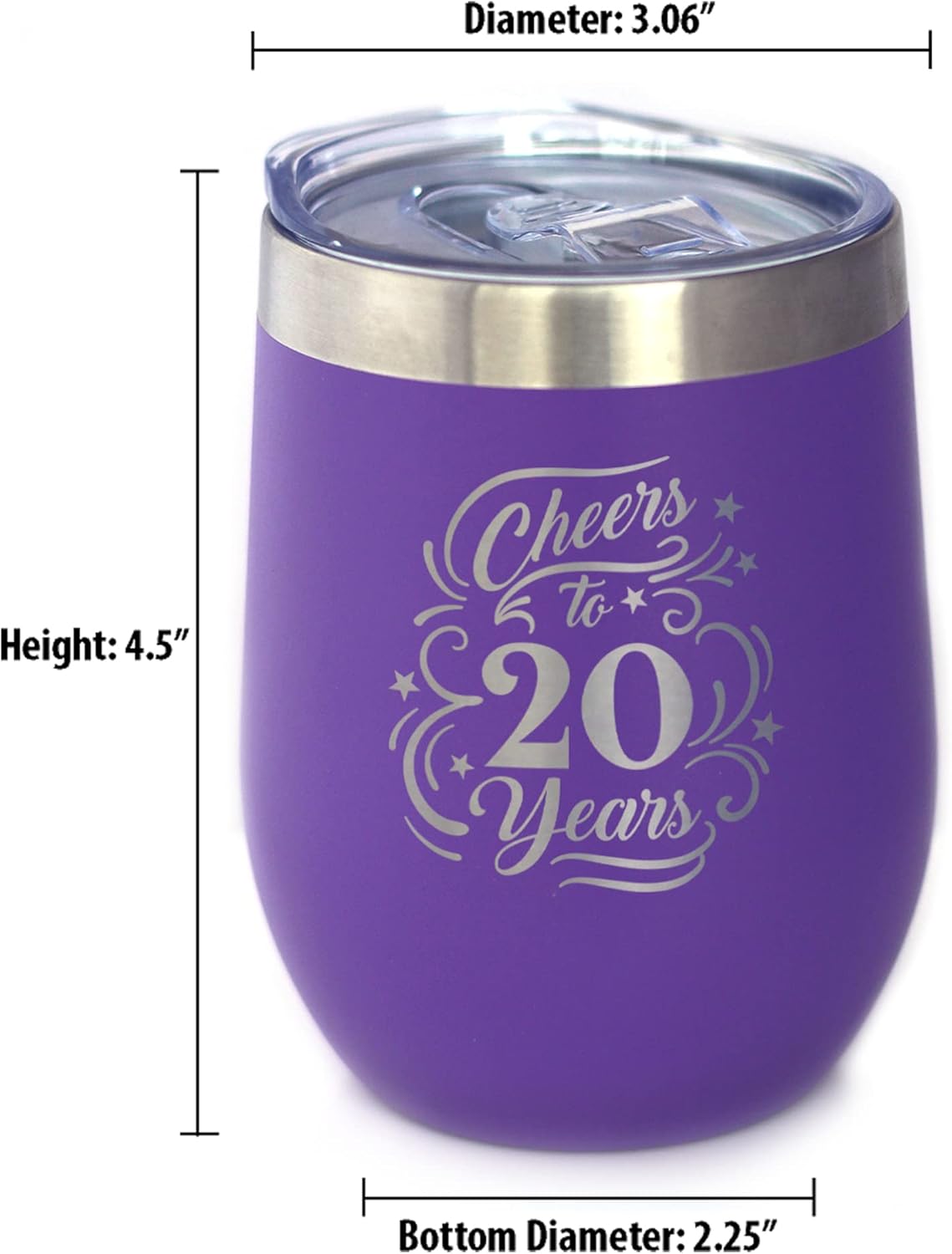 Bevvee Cheers to 20 Years - Wine Tumbler Glass with Sliding Lid - Stainless Steel Insulated Mug - Gift for 20th Anniversary - Purple