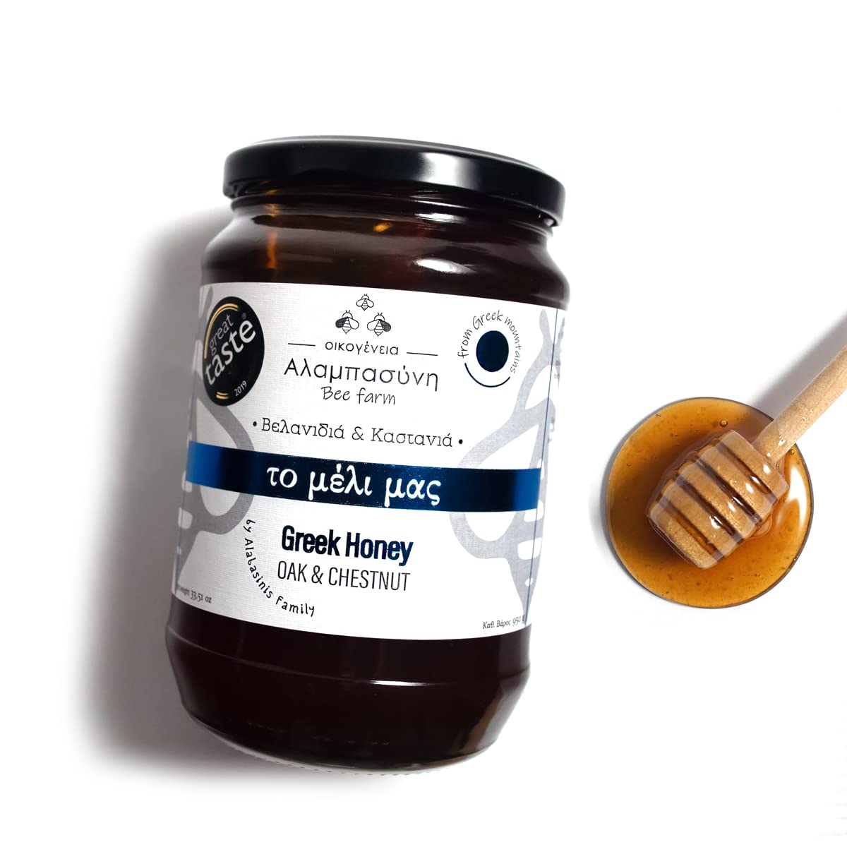 Alabasinis Raw Greek Oak & Chestnut Honey 950g – Dark Forest Honey, Unfiltered, Unpasteurized, 100% Natural