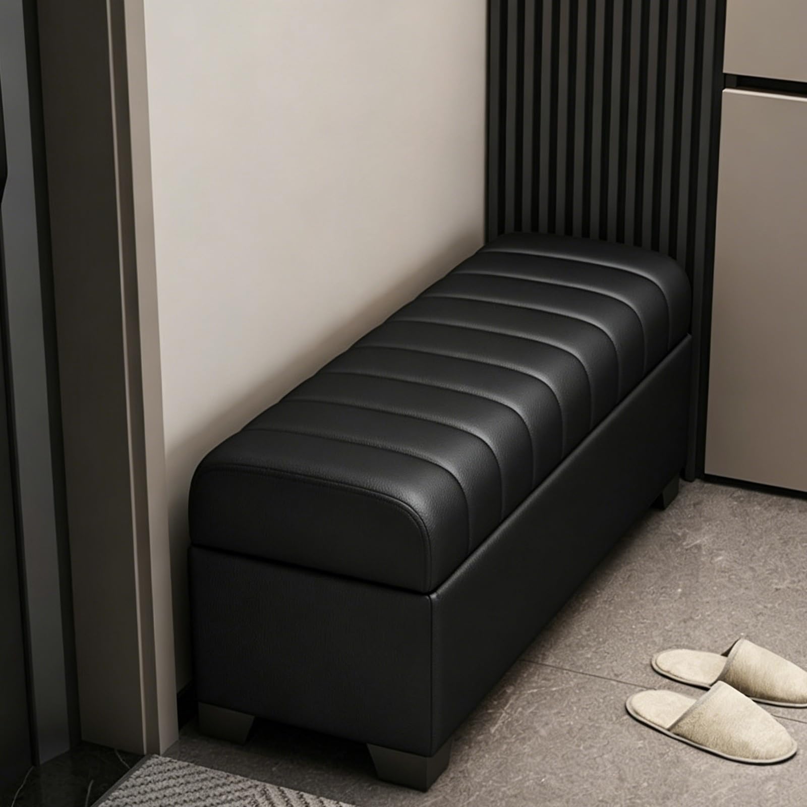 Banc ottoman de rangement moderne pour optimiser un couloir étroit sans encombrement