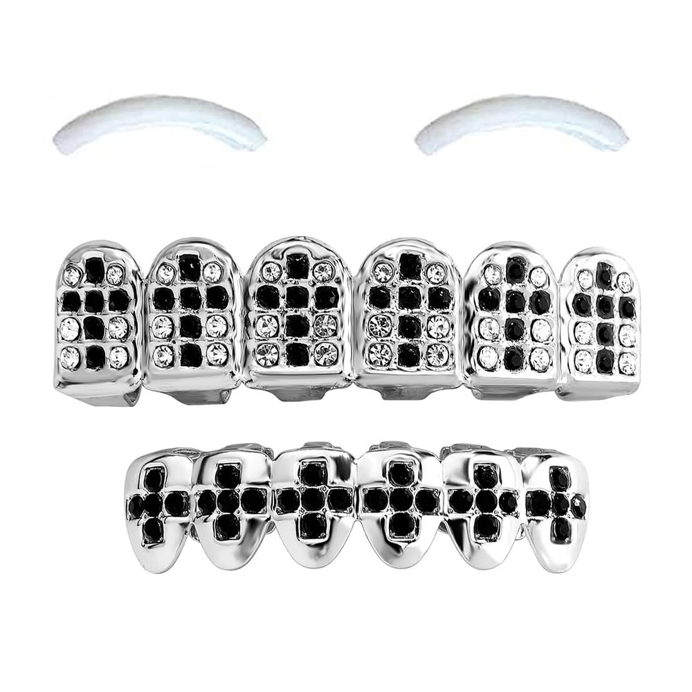 SSyang 18K Hip Hop Teeth Grills for Mouth Braces Decoration with 2 Silicone Moldings Hip Hop Teeth Grills for Mouth Top Bottom Music Festival Party Rapper Decorations (Full of Diamonds + Silver) — image 1