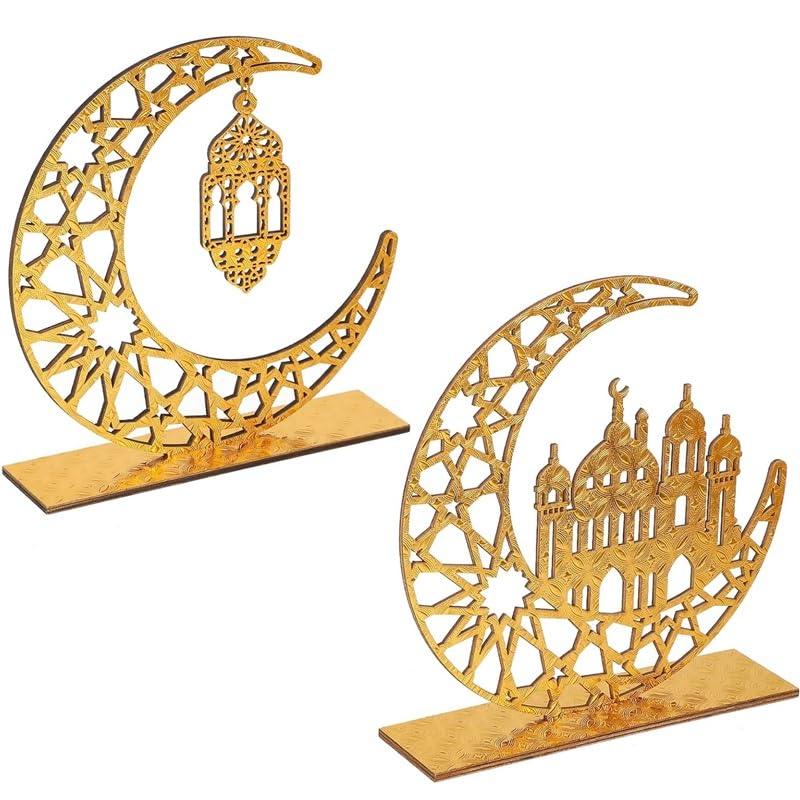 2 letreros de madera para mesa de Ramadán islámico Eid Mubarak Kareem, adorno de luna hueca para fiesta musulmana, decoración de mesa, arte para el hogar, manualidades (A)