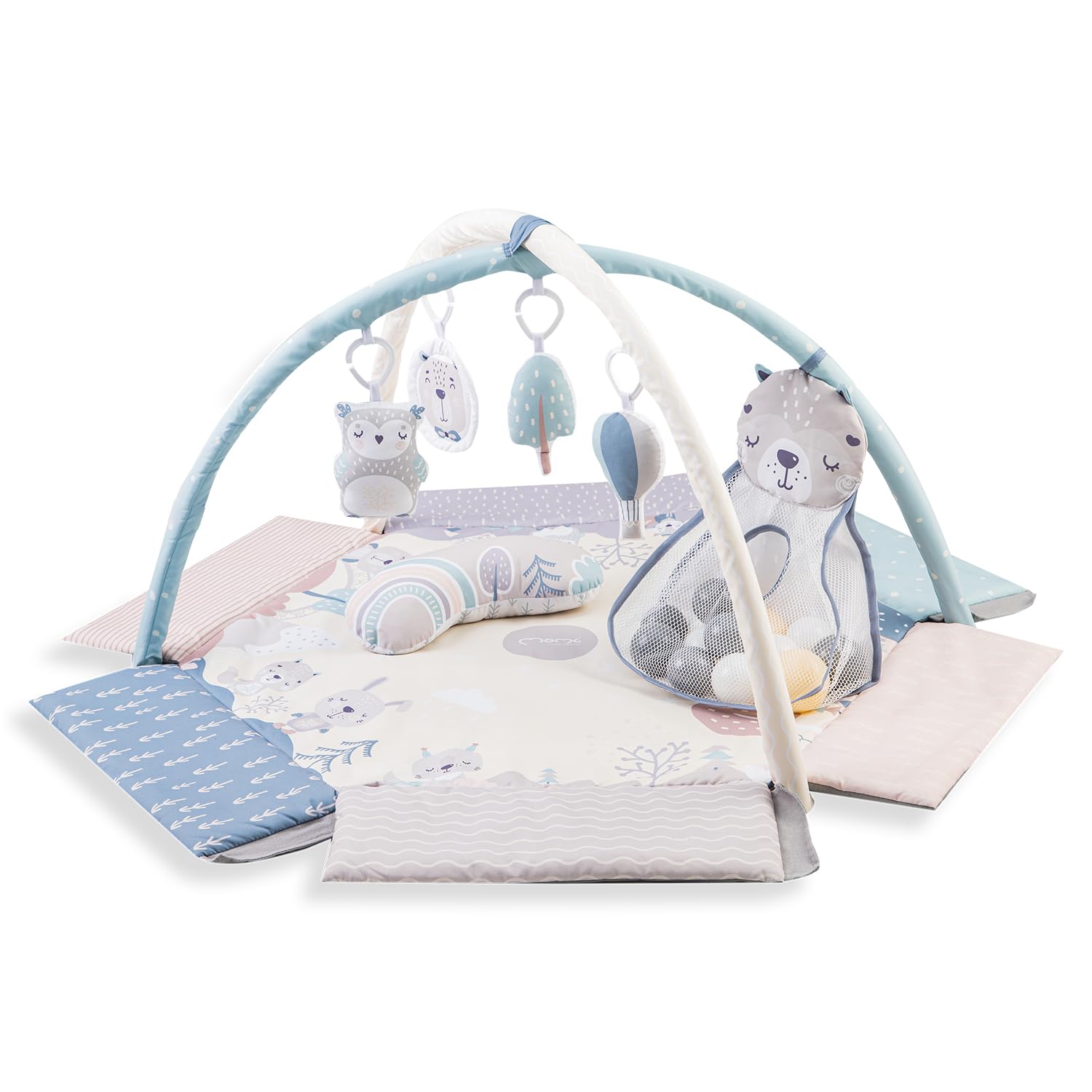 Arche de jeu MoMi PASTEL avec tapis rampant 3 en 1 pour bébé dès la naissance, tapis d'activité sensorielle avec 2 arches, bain de balles, 5 jouets, 20 balles avec sac