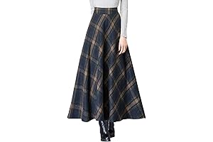 Women's Vintage High Waist Wool Blend Plaid A-Line Long Maxi Skirt