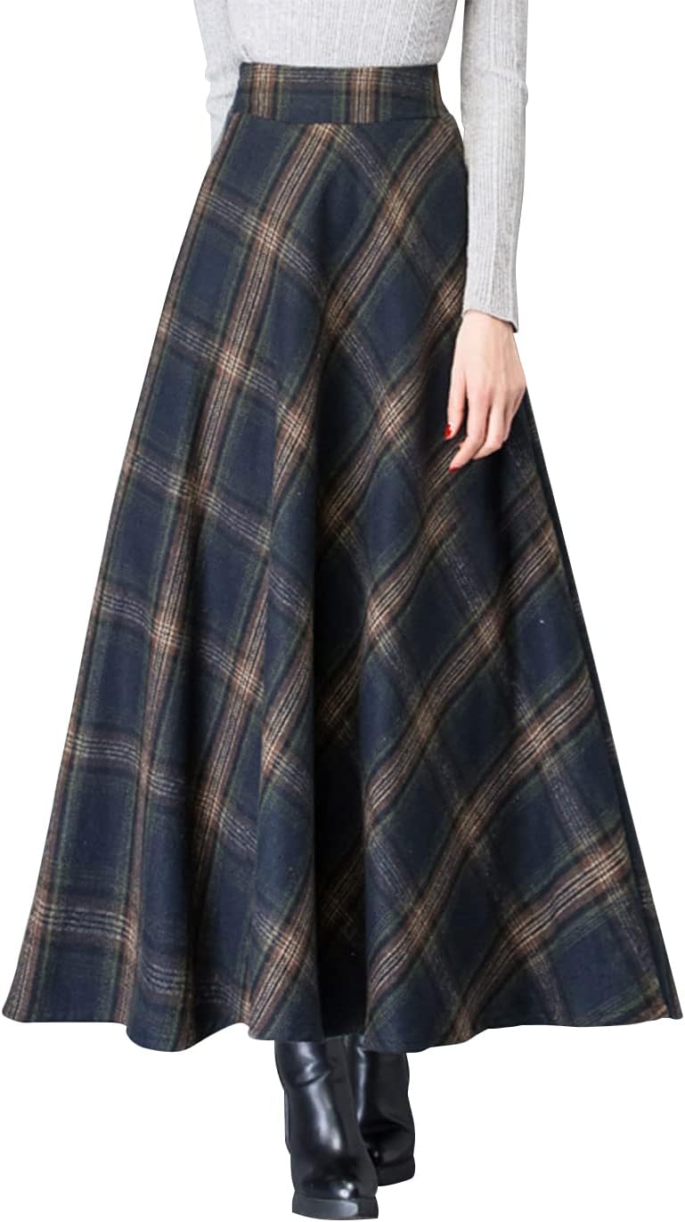 ebossy Women's Vintage High Waist Wool Blend Plaid A-Line Long Maxi Skirt with Pocket
