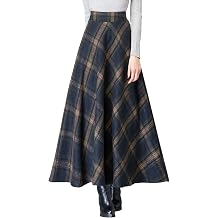 ebossy Womens Vintage High Waist Wool Blend Plaid A-Line Long Maxi Skirt with Pocket