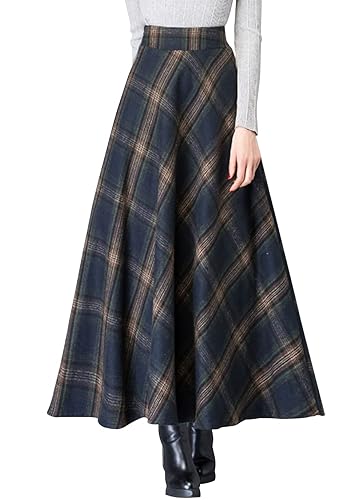 ebossy Women's Vintage High Waist Wool Blend Plaid A-Line Long