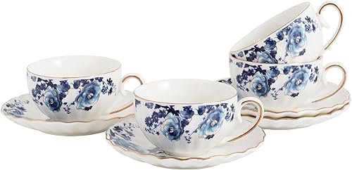 Miniatura 8 de Tazas y platillos de cerámica de 6 onzas, tazas de té florales para café, café con leche, café moca y té (pequeñas flores azules) Pequeñas flores