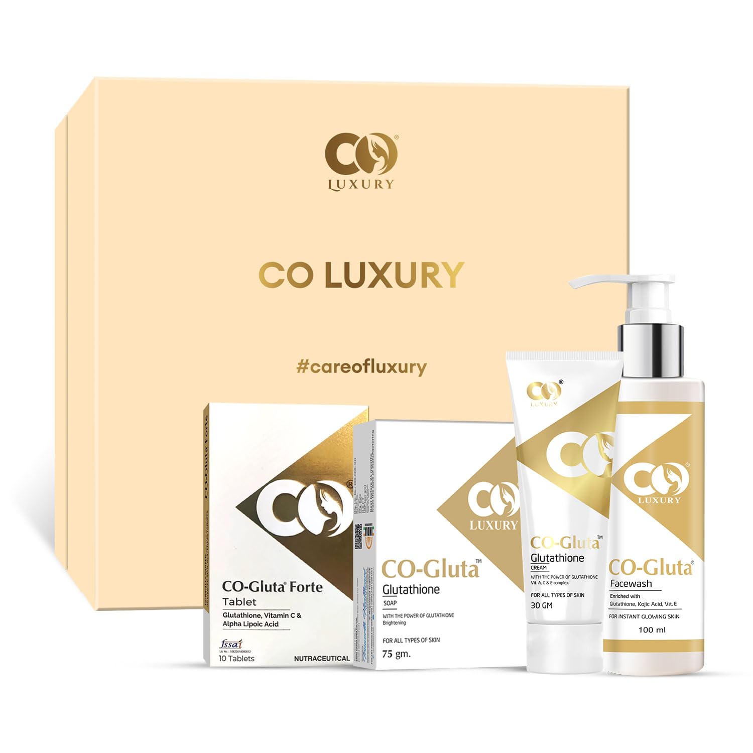 CO Luxury Glutathione Skin Brightening Kit – Facewash, Cream, Tablets & Soap | Pigmentation Removal & Glowing Skin for Men & Women | All Skin Types | 4 Items in Kit