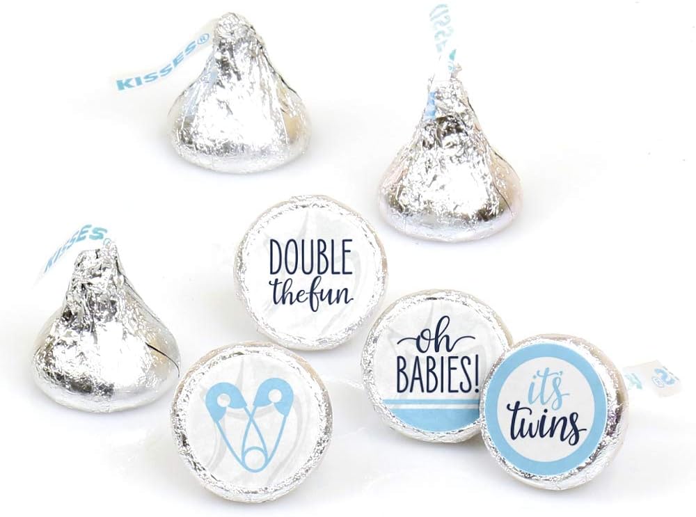 Big Dot of Happiness It's Twin Boys - Blue Twins Baby Shower Round Candy Sticker Favors - Labels Fit Chocolate Candy (1 Sheet of 108)