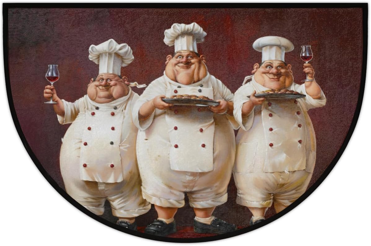 Half Round Door Mat Washable Non-Slip Front Doormat Chef White Fat Welcome Semi Circle Area Rug Half Moon Mats Semi Floor Rugs Indoor Entrance Kitchen Home Bedroom Living Room Decor