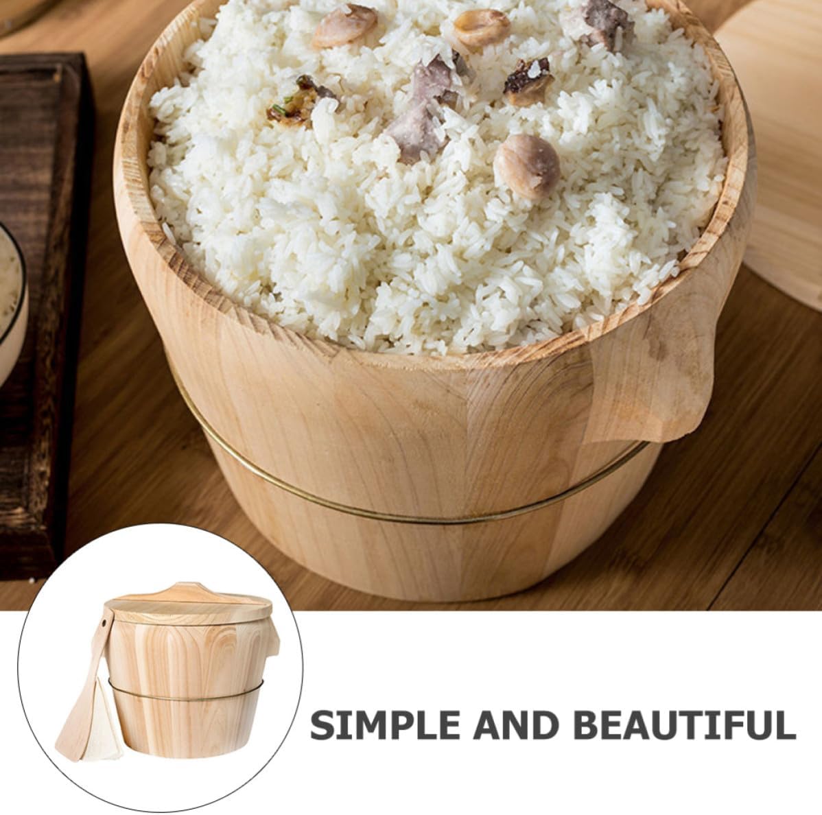 Wooden Rice Steamed Bucket with Lid and Spoon, No Paint Surface, Simple and Beautiful Wood Storage Container for Home Kitchen Rice Steaming, Sturdy and Burn-resistant Cooking