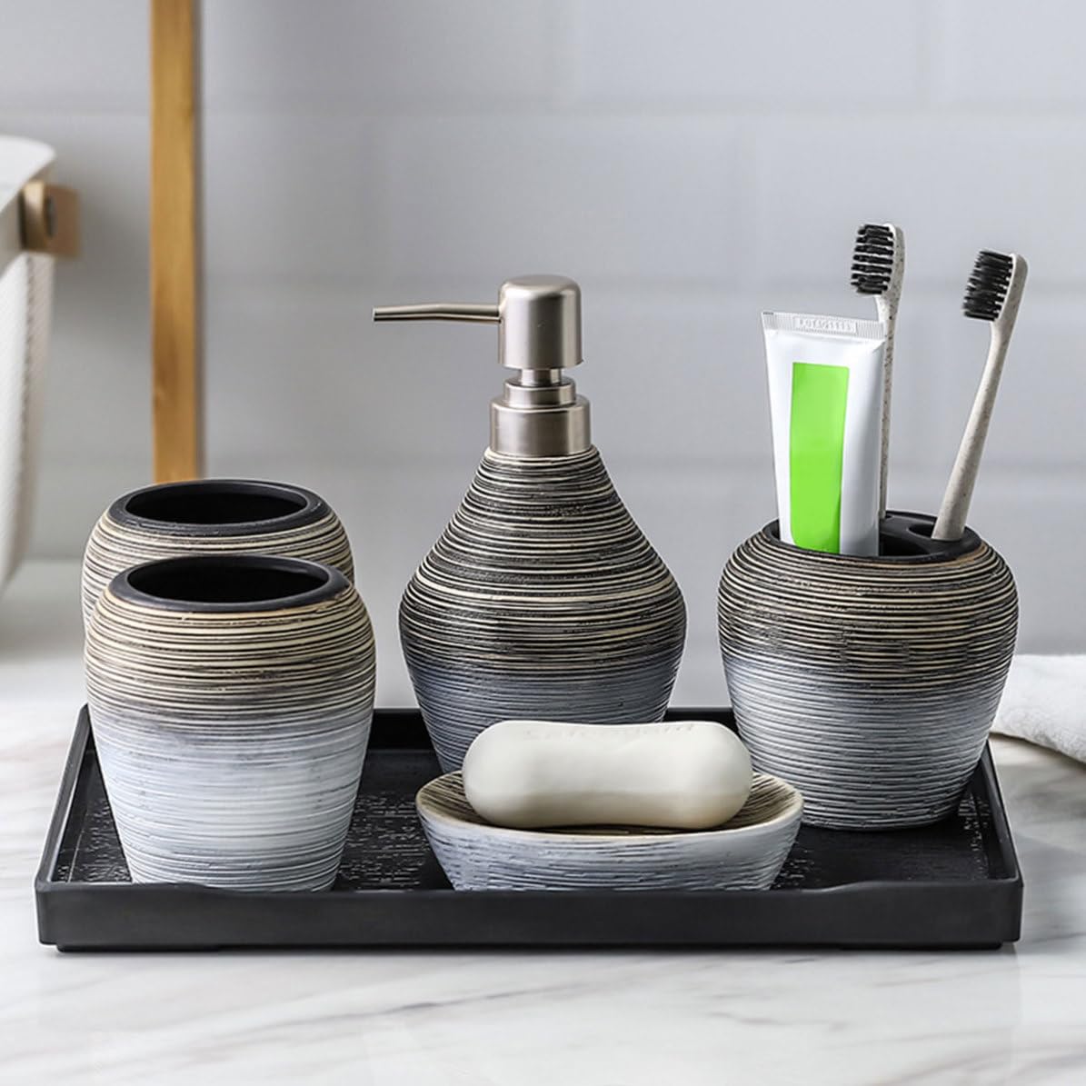 Conjunto de 5 Piezas de Accesorios de Baño de Cerámica Ligera Soporte para Cepillo de Dientes y Taza para Hacer Gárgaras Adecuado para Baño y Viaje