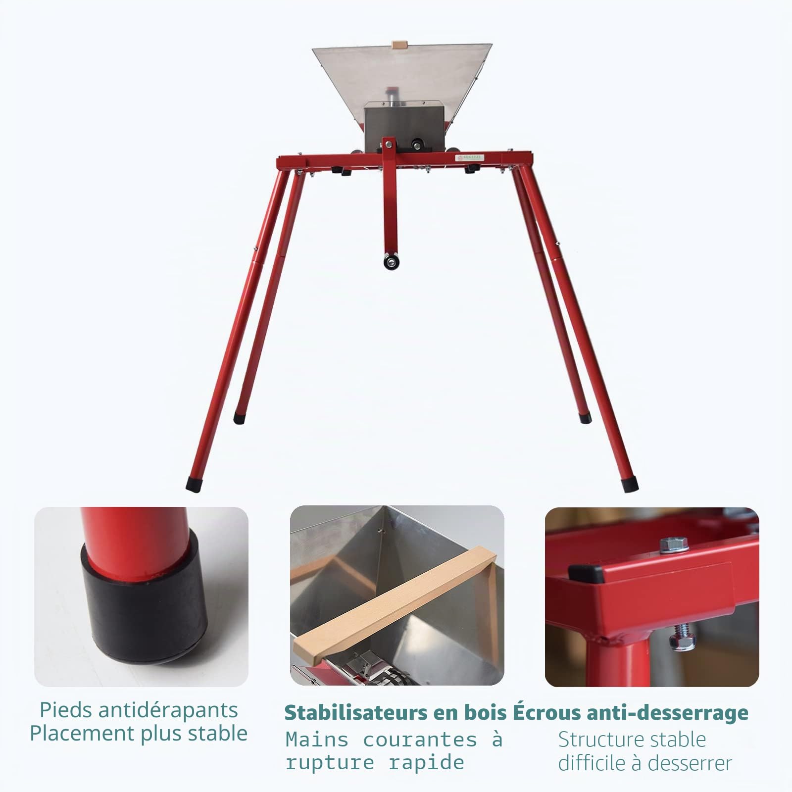 SQUEEZE master Moulin à fruits 7 l avec support, presse-pommes en acier inoxydable, moulin manuel de 7 l, entonnoir en acier inoxydable, dents en nylon