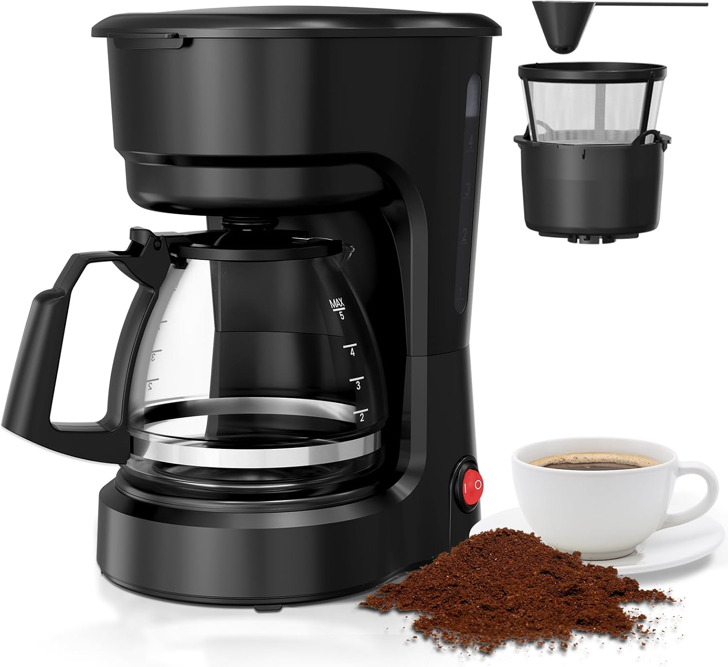 5 Cup Small Coffee Maker (5 oz/cup), Drip Coffee Machine with BPA-Free Glass Pot, Always Keep Warm with Switch, Delay Brew, 25oz Water Tank, Compact for 1-2 People/Home/Office/RV/Dorm